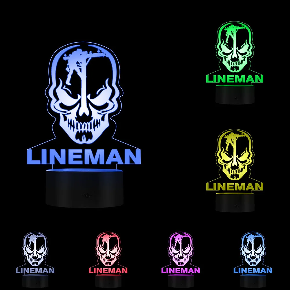 Personalizzato Lineman ispirato luci a LED Lineman Skull 3D illusione ottica lampada lampada progettata su misura regalo decorativo per elettricista