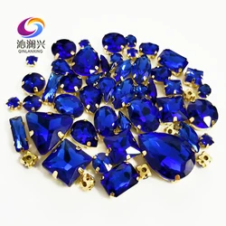 Super Flash Royalblue Mix Shape Top Crystal Glass Rhinestones, Gold Bottom Sew on Stones, DIY Clothing accessories, 58Pcs