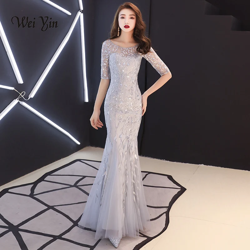 

weiyin Robe De Soiree O-Neck Silver Mermaid Long Evening Dresses Backless Luxury Sequin Formal Party Dress Prom Gowns WY1315