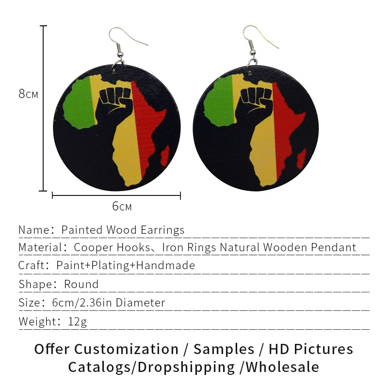 SOMESOOR 6cm Large Printing African Map Wooden Earrings For Women Black Power Fist Afrocentric Ethnic Colors Photos Jewelry Gift