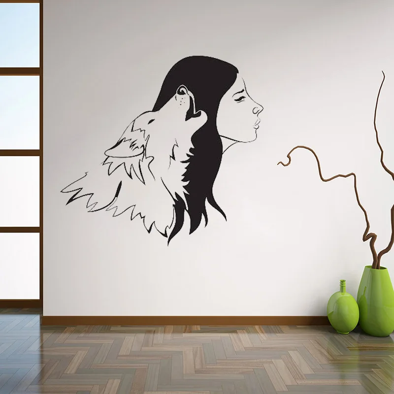 

Wolf and Women Vinyl Wall Sticker Howling Animal & Womans Silhouette Art Home Decal Living Room Perfect Couple Mural L119