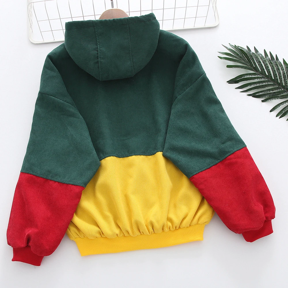 Jocoo Jolee Color Block Long Sleeve Corduroy Women Jacket Patchwork Drawstring Hit Color Autumn Jacket Oversized Women Coat