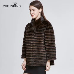 ZIRUNKING 2020 Real Mink Fur Jacket Lady Knitted Stripe Rex Rabbit Fur Coats Outwear Female With Collar Fashion Clothing ZC1817