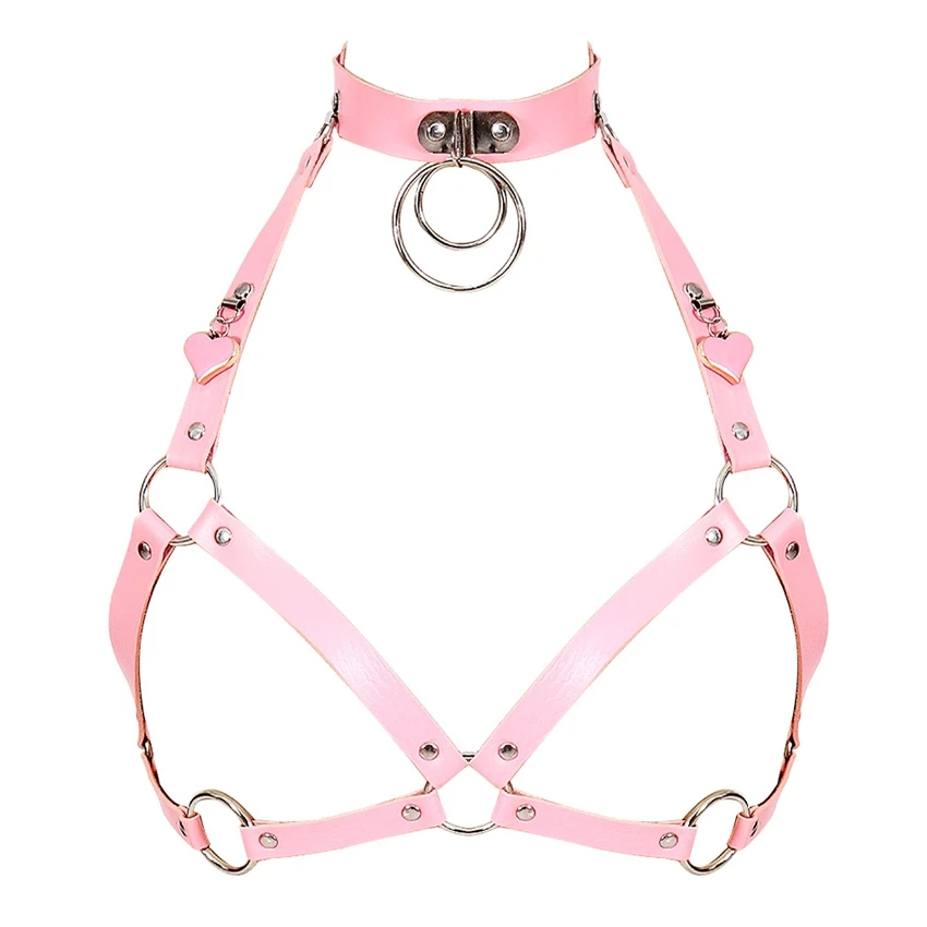 Pink Leather Harness Women Fashion Punk Goth Cupless Bra Top Harness Belt Body Bondage Chest Straps Studded Cropped Lingerie