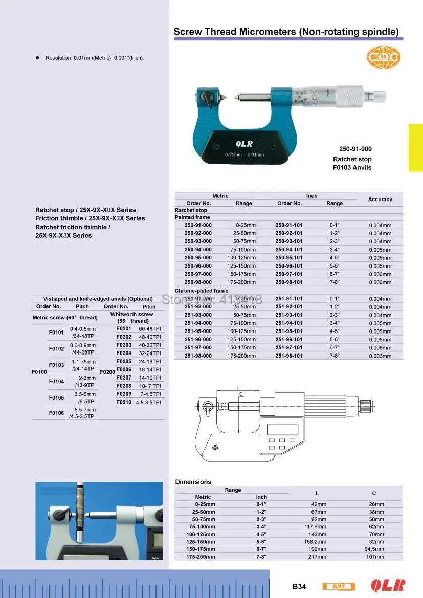 XIBEI Thread micrometer measuring 0-25 25-50 50-75 75-100mm.250-91-000 Outside micrometer