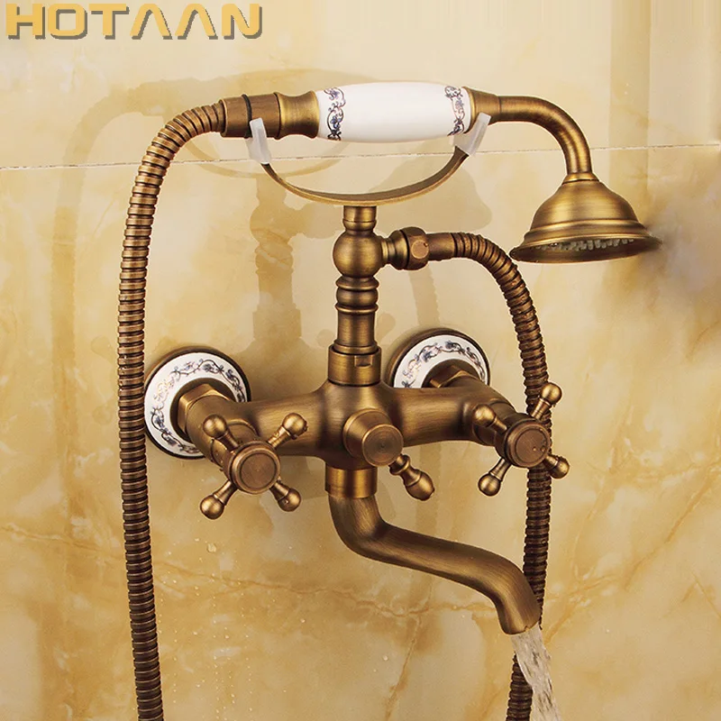 Wall Mounted Bath Tub Faucet Antique Bronze Bathtub Faucets with Hand Shower Dual Handle Mixer Crane