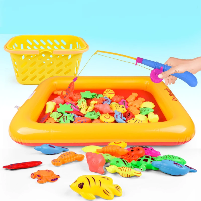 Kids Fishing Toy 50 Pieces Set Magnetic Inflatable Pool Simulated Marine Fishes Pond Fishing Pole Baby Children Water Bath Toy