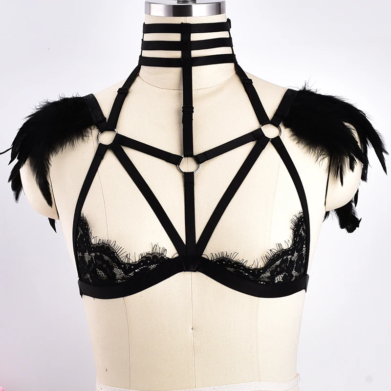 90's Sexy Lace Feather body harness Epaulettes Tops Bondage Shoulder Wedding Pastel Harajuku Goth Swan Feather Angel Wings Bra