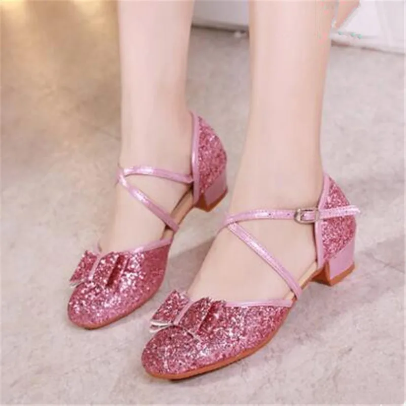 Girls leather shoes professional Latin dance shoes children girls  dance shoes Cowhide soft bottom Fashion sequins high heels