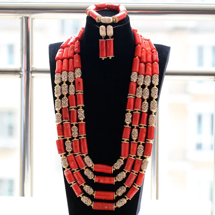 

2017 New Luxury 4 Layers Original Traditional African Coral Beads Necklace Jewelry Set Long Real Coral Beads Free ShippingABH496