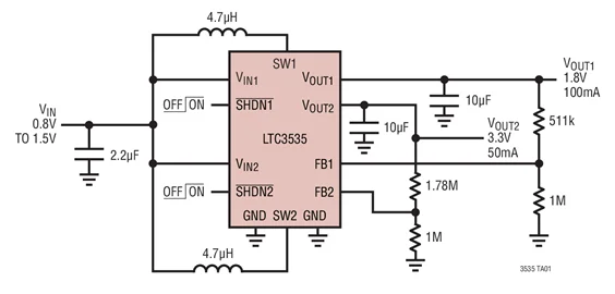 LTC3535EDD LTC3535 LDWV - Dual Channel 550mA 1MHz ตัวแปลง DC/DC แบบซิงโครนัส Step-Up