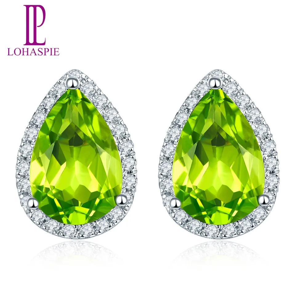 

LP Solid 14K White Gold Natural Gemstone Peridot & Diamond Stud Earrings Fine Jewelry For Women's Gift NEW