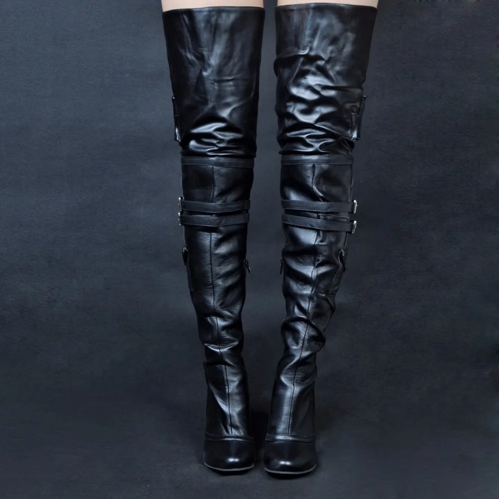 Sapato Feminino Black Sexy Buckle Belt Over The Knee Boots Shoes Thigh High Heel Black Leather Crotch Motorcycle Rain Batas