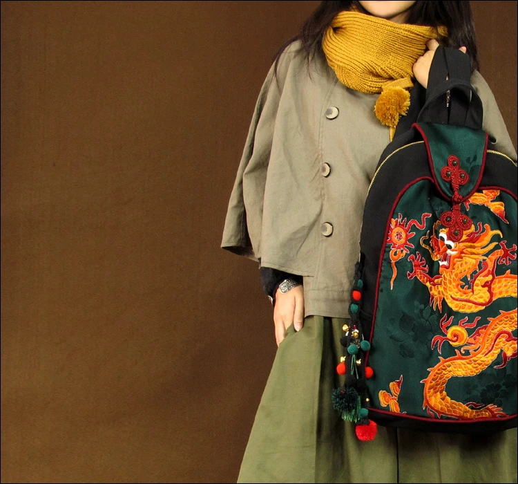 Dragon Embroidery women\'s shoulder bag Vintage Fashion unisex Backpack Canvas travel Backpack Hot Ethnic backpack