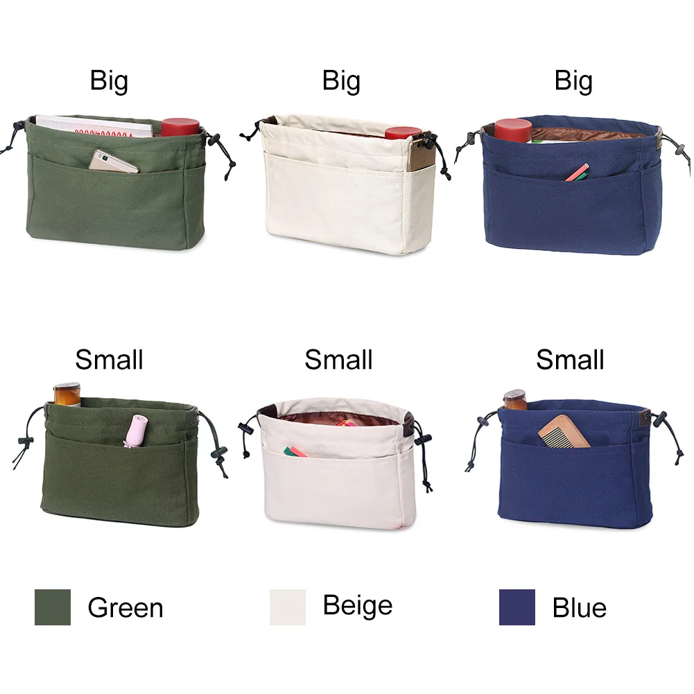 Canvas Purse Organizer Bag Insert with Compartments Makeup Travel Storage Handbag Waterproof Pocket Solid Color Large Capacity