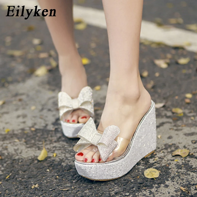 Eilyken pantofole trasparenti in PVC donna Summer Toe Platform Bow Crystal Slide Wedge Sandals taglia 34-40