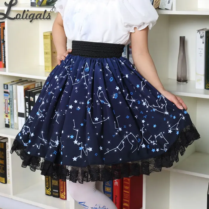 Kawaii styl Mori Girl krótka spódniczka słodkie granatowy niebieski gwiaździstej nocy drukowane spódniczka skate dla kobiet