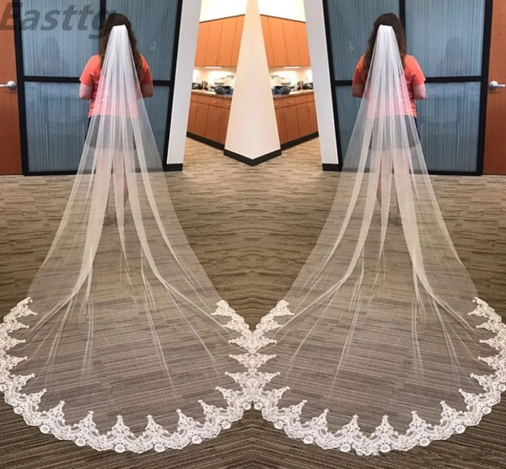 White Ivory Cathedral Length Wedding Veils One Layer Lace Bridal Accessories Veil with Comb Veu De Noiva