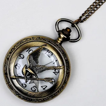 8873 하프 헌터 패턴 쿼츠 시계, 인기있는 할로우 모킹버드 디자인 포켓 시계, 빈티지 브론즈 패션 포브 테이블
