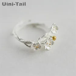 Uini-tail 925チベットの女性用シルバーオープニングリング、調節可能なリング、小さな新鮮な花、茎、新しい、熱い