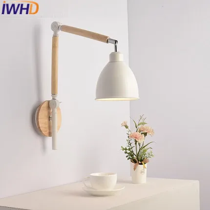 

IWHD Iron LED Wall Light Up Down Wood Sconce Wall Lamp Home Lighting Fixtures Adjustable Long Arm Sconces Lamparas de Pared