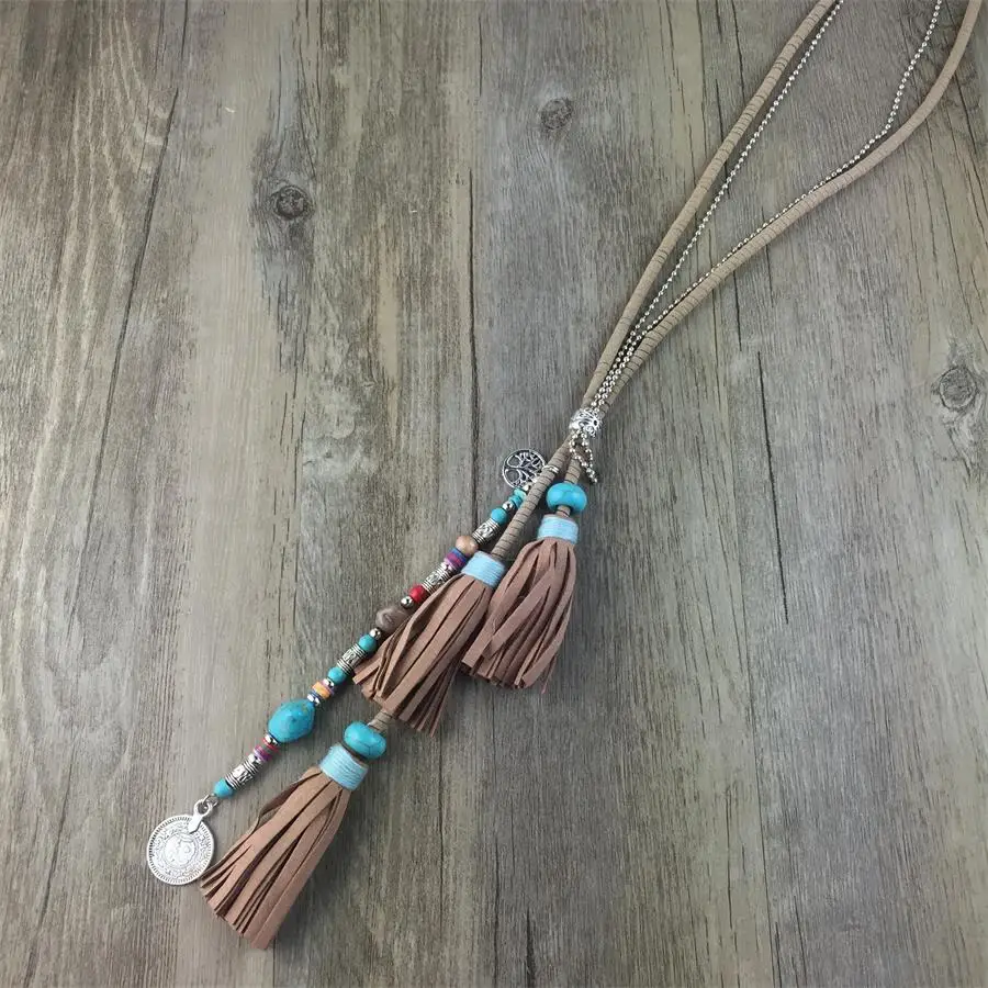 Gypsy Ethnic Vintage Silver Beads Multi latter Tassel Pendants Long Maxi Necklace Leather Cord chain Layers Statement Necklace