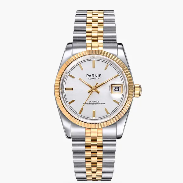 Parnis Vintage Fluted bezel 36mm Mens Automatic Watch Miyota 821A Luxury silver Dial Unisex Sapphire Glass Date Glass Back