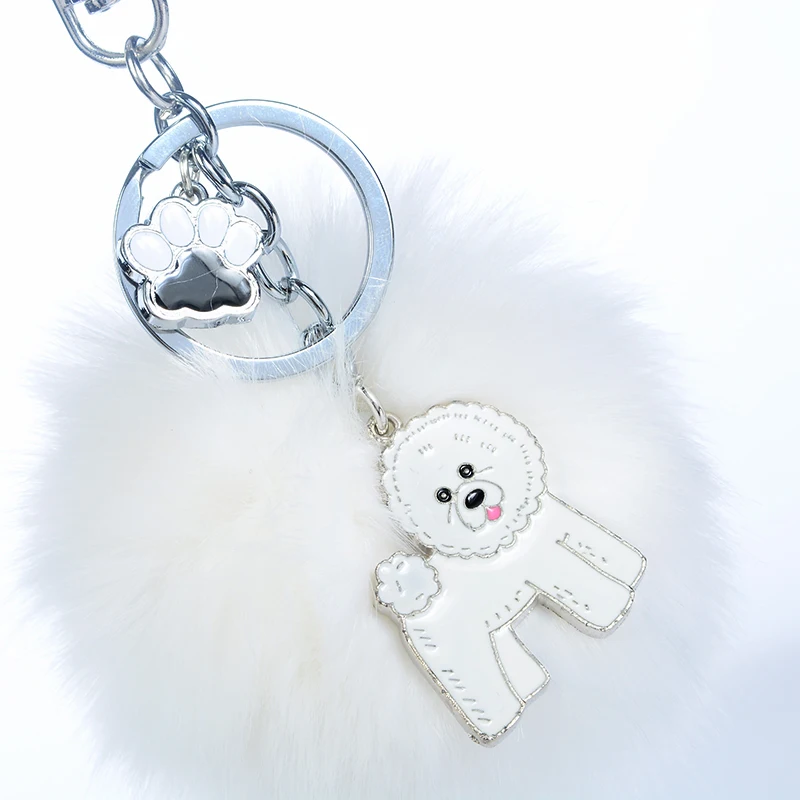 Rabbit Fur Pompom Bichon Frise Key Chains For Women Men Alloy Pom Pom Ball Dog Pendant Bag Charm Keyring Car Keychain Key Ring