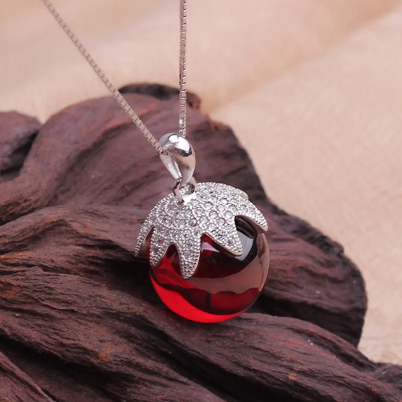 925 Sterling Silver Pendant with chain women Necklace Natural stone round red garnet girls women jewelry plants leaves shape