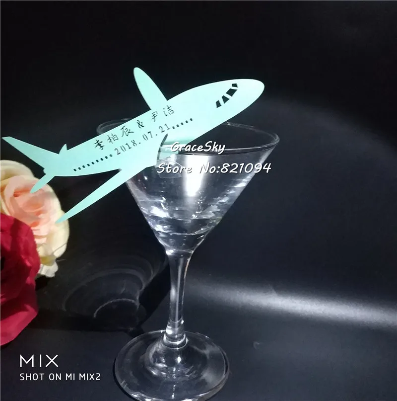 

60pcs Free Shipping laser Cut Pearlescent Airplane Design Wedding Party Name Place Card Seat Invitation Cup Card for Wine Glass