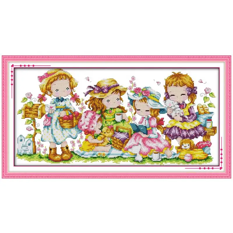 Happy Girls-Conjunto de punto de cruz para decoración del hogar, Kit de costura bordada, 11CT, 14CT, 16CT, estampado DMC