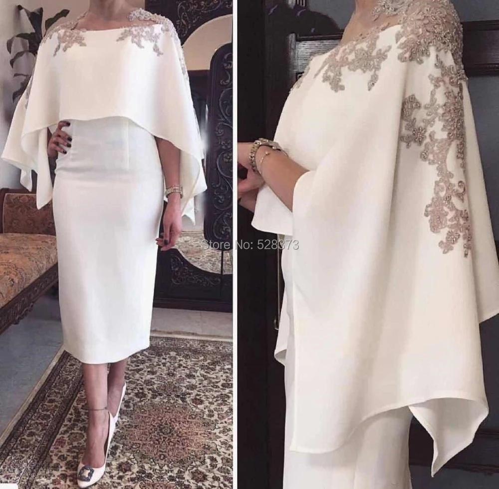 

YNQNFS MD120 Elegant Illusion Boat Neck White Mother of the Bride/Groom Dresses With Cape Cloak Sleeves Outfits Tea Length 2019