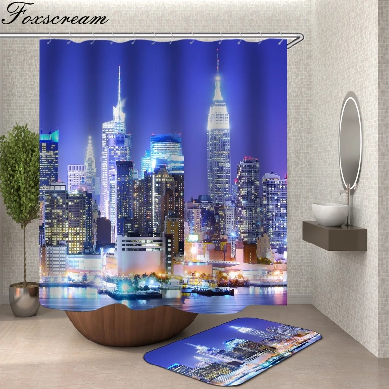 

City Shower Curtain with hooks Scene Colorful Bath Curtains fabric 3d waterproof bathroom shower curtains Or Mat