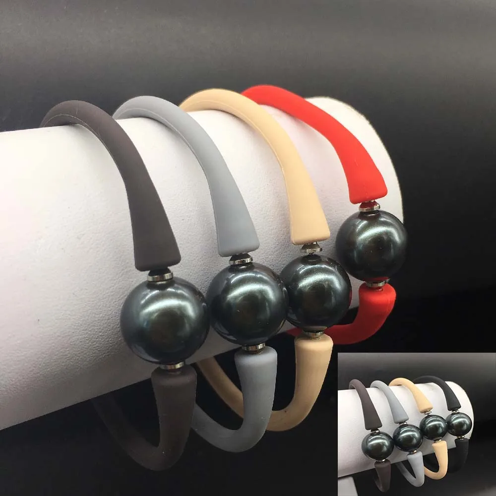 Round Big Tahiti Black Sea Shell Pearl  One Pearl Bracelet Unisex Silicon Rubber Stainless Steel Post Adjustable More Color