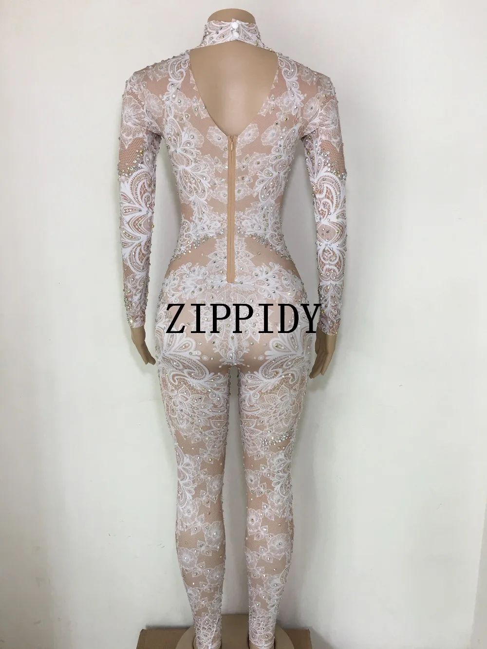 White Lace Printed Spandex Jumpsuit Rhinestones Leggings One Piece Women\'s Stage Costume Nightclub Dance Bodysuit