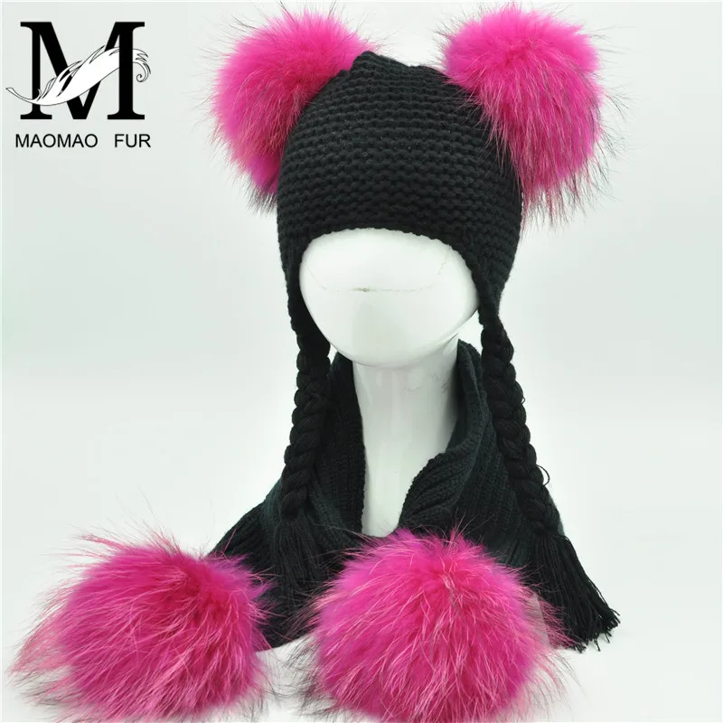 

Kids Winter Hat and Scarf Set Children Luxury Big Fur Ball Warm Crochet Beanie Set Real Raccoon Fur Pom Pom Cap and Scarf Set