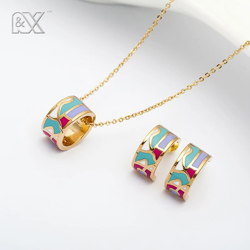 R&X Jewelry Girls sieraden Dubai Fashion Party Romantic Necklace/earrings African Beads Stainless Steel Enamel Bridesmaid Sets