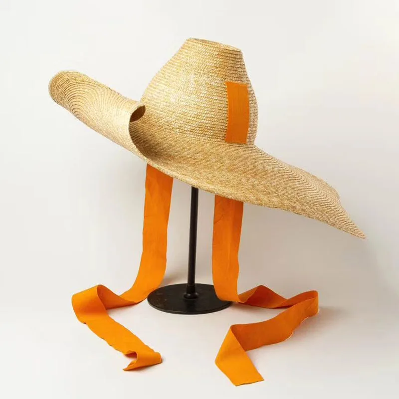 Women Natural Woven Giant Straw Hat Big Brim Floppy Sun Hat High Top Ribbon Band Giant Jumbo Sombrero Hat Adult Summer Beach Hat