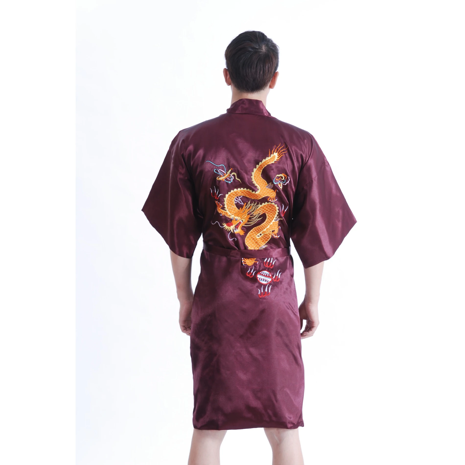 Chinese Style Embroider Dragon Bathrobe Men\'s Silk Satin Dressing Gown Robe Male Sleepwear With Belt S M L XL XXL XXXL