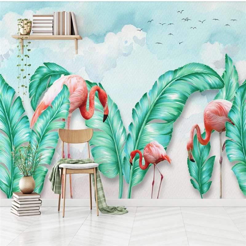 

wellyu Northern Europe simple hand-painted tropical leaves flamingo TV background wall custom large mural wallpaper