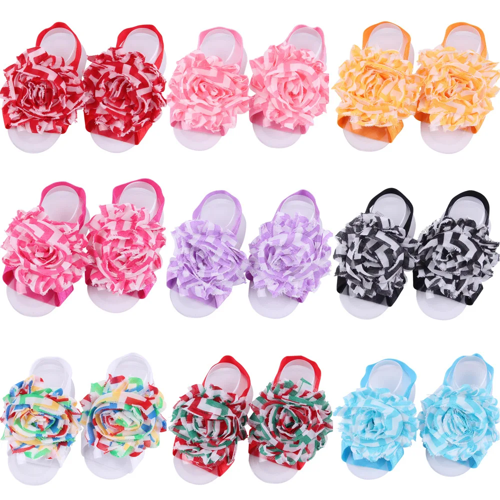 Stripe Splicing Baby Girl Sandals Shabby Chiffon Flower Shoes Cover Barefoot Infant Toddler Shoes 20 pairs per Lot