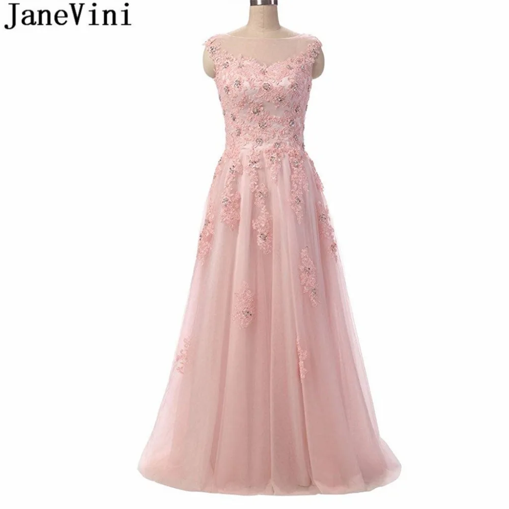 

JaneVini Elegant Pink Long Bridesmaid Dresses for Weddings A Line Sheer Neck Lace Applique Beaded Tulle Prom Gowns Floor Length