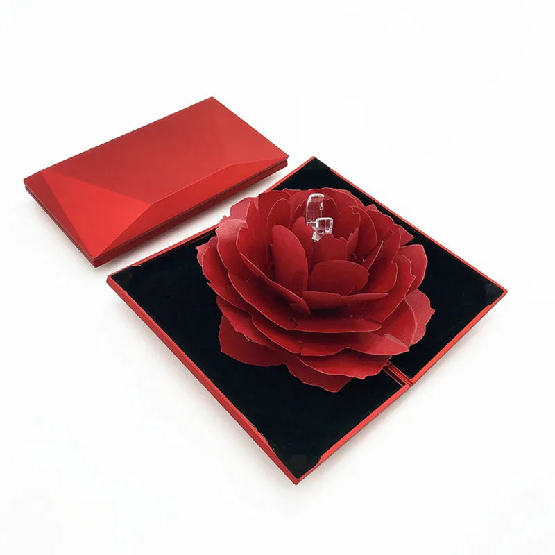 New creative marriage jewelry box,3D Pop Up Red Rose Flower Ring Box, high-grade rose ring box, rotating creative gift box