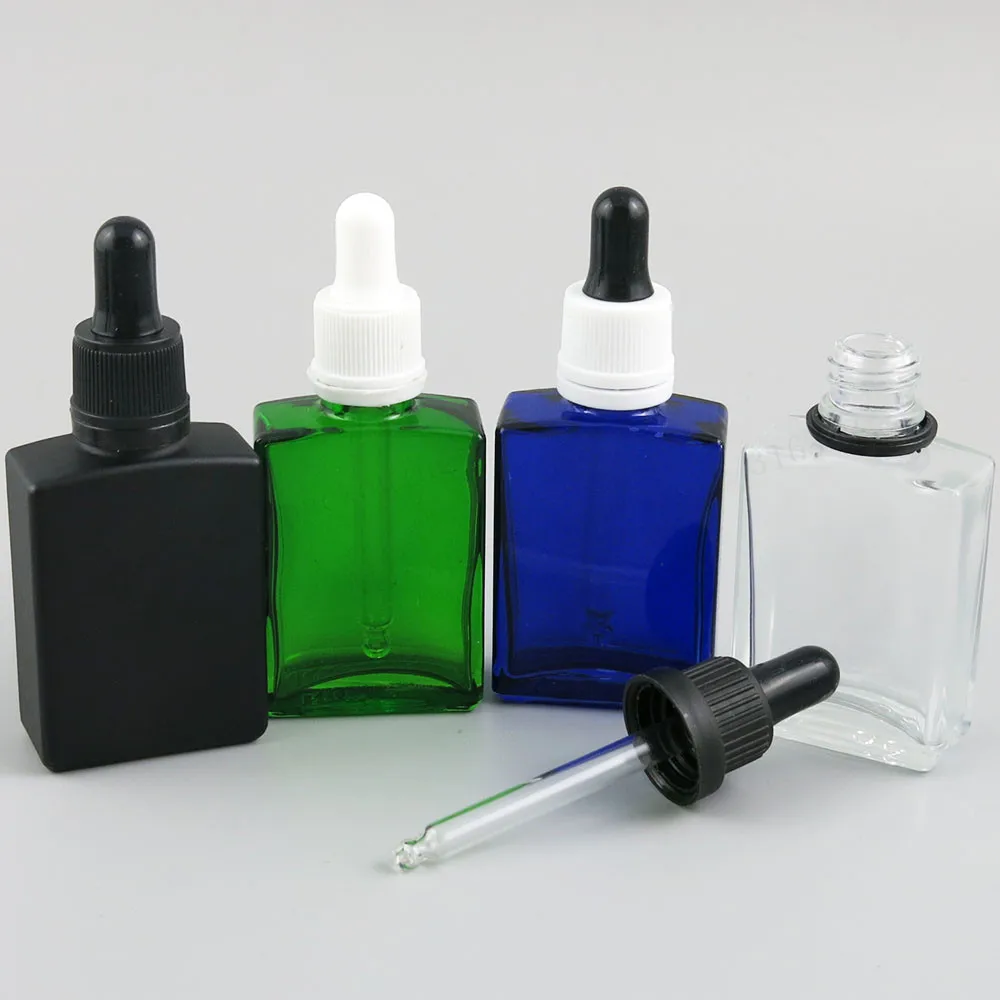 

12 x 30ml Square Flat 1oz white Black Clear Blue Glass E liquid Container With Tamper Evident dropper bottle