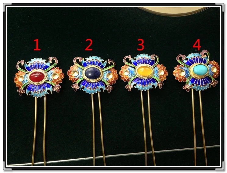 Limited Version 999 Fine Silver Gold Plated Cloisonne Hair Stick Pure Handmade Antique Pinach Artwork Miao Hair Accessories