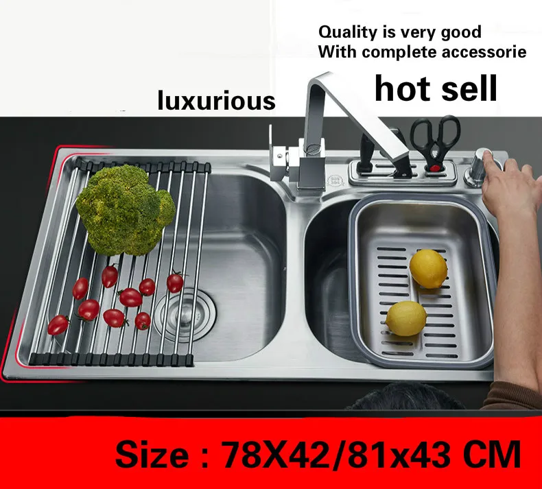 

Free shipping Household luxurious vogue kitchen double groove sink wash the dishes 304 stainless steel hot sell 78x42/81x43 CM