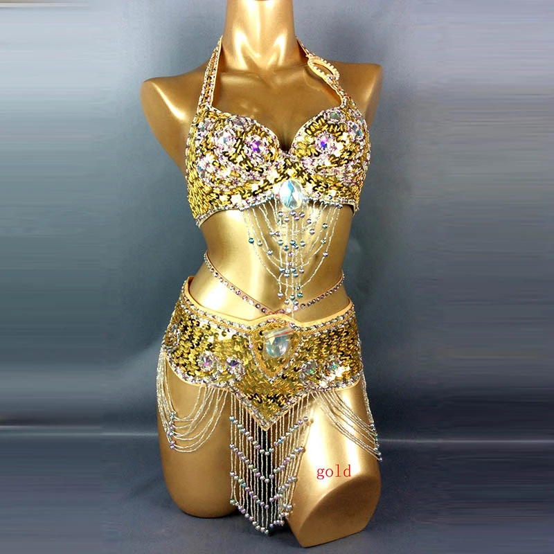 High Quality Women Belly Dance Suit Bra+Belt 2 Pieces Handmade Sequins Beaded Sexy Eastern Oriental Dance Set Dancing Wear