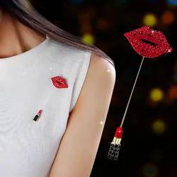 1 Pc Crystal Red Lipstick Brooches Enamel Pin For Women Jackets Accessories Rhinestone Lapel Pin Kiss Red Jewelry