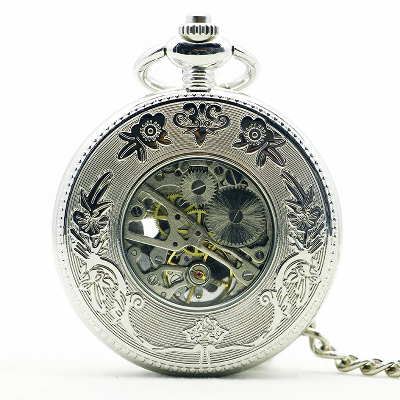 Silver Smooth Texture Hollow Flying Bird Mechanical Pocket Watch Vintage Pendant Necklace Bracelet Men's and Women's Clock Gift