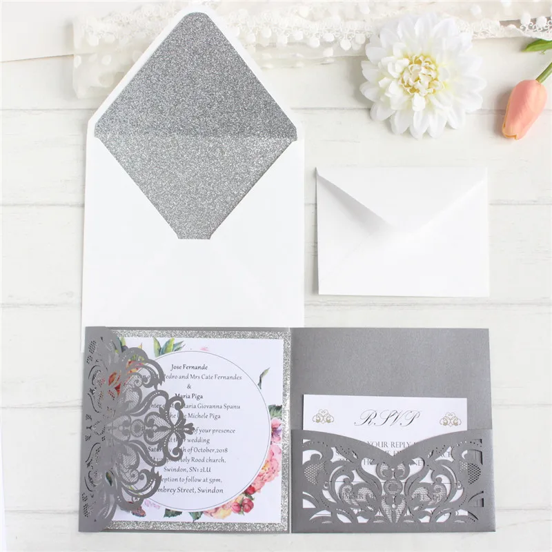 Personalized wedding cards with envelop glittery inner RSVP luxury invitations greeting cards 50PCS offer printing